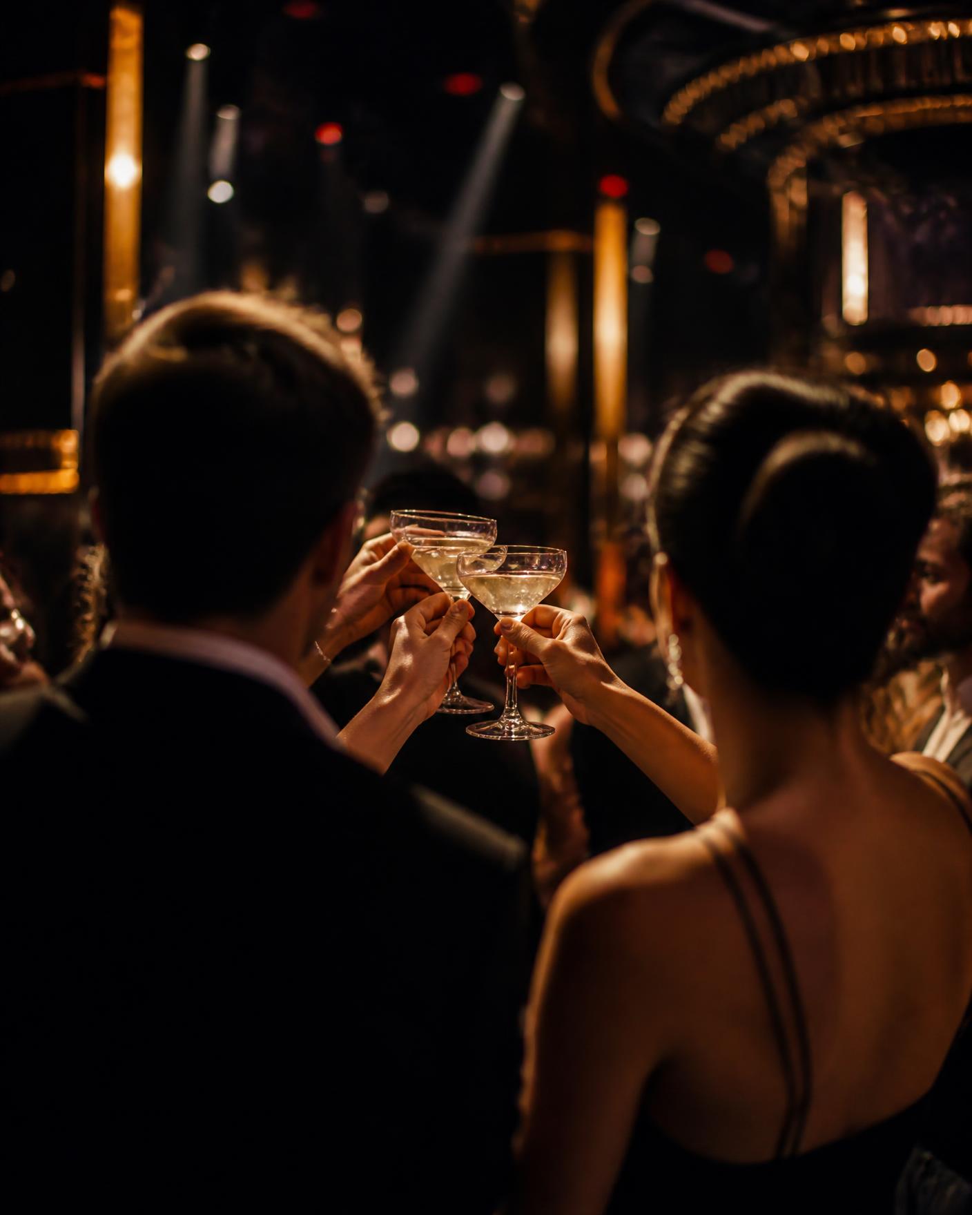 Guests in evening wear toasting cocktail glasses in a dark club