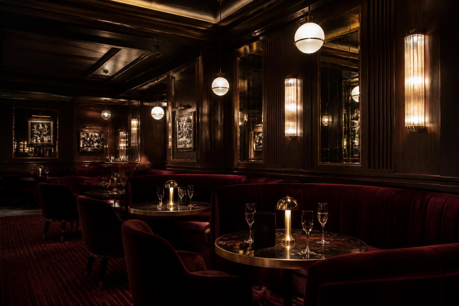 Burgundy velvet booths and brass lighting in the lounge